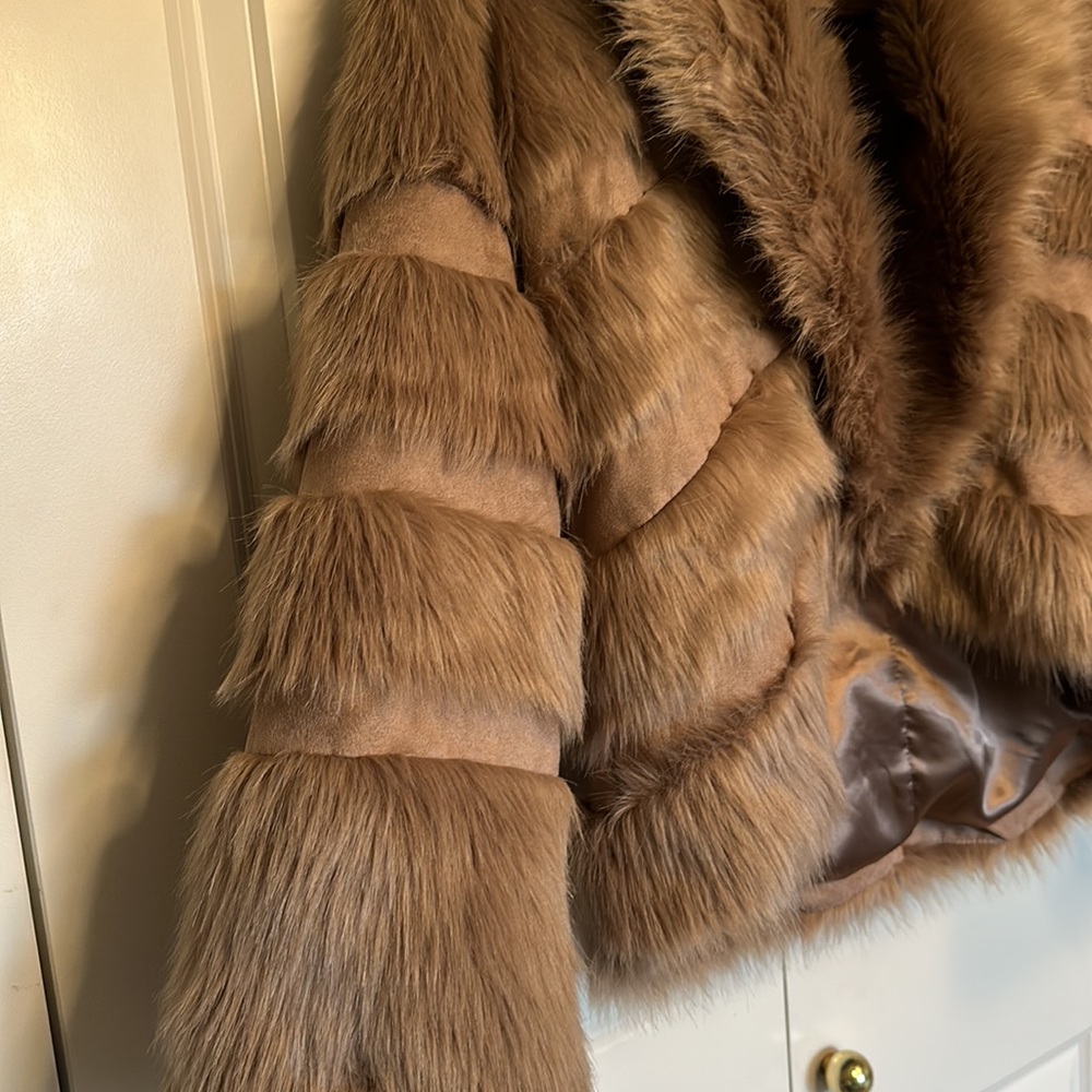 CHICOS Faux Suede Fur Jacket Burlywood Brown Size 1 or 8 fully lined - Picture 4 of 10